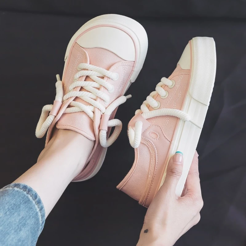 芒果头帆布鞋女春秋款薄底轻便奶呼呼豆豆方头高中明星同款小白鞋