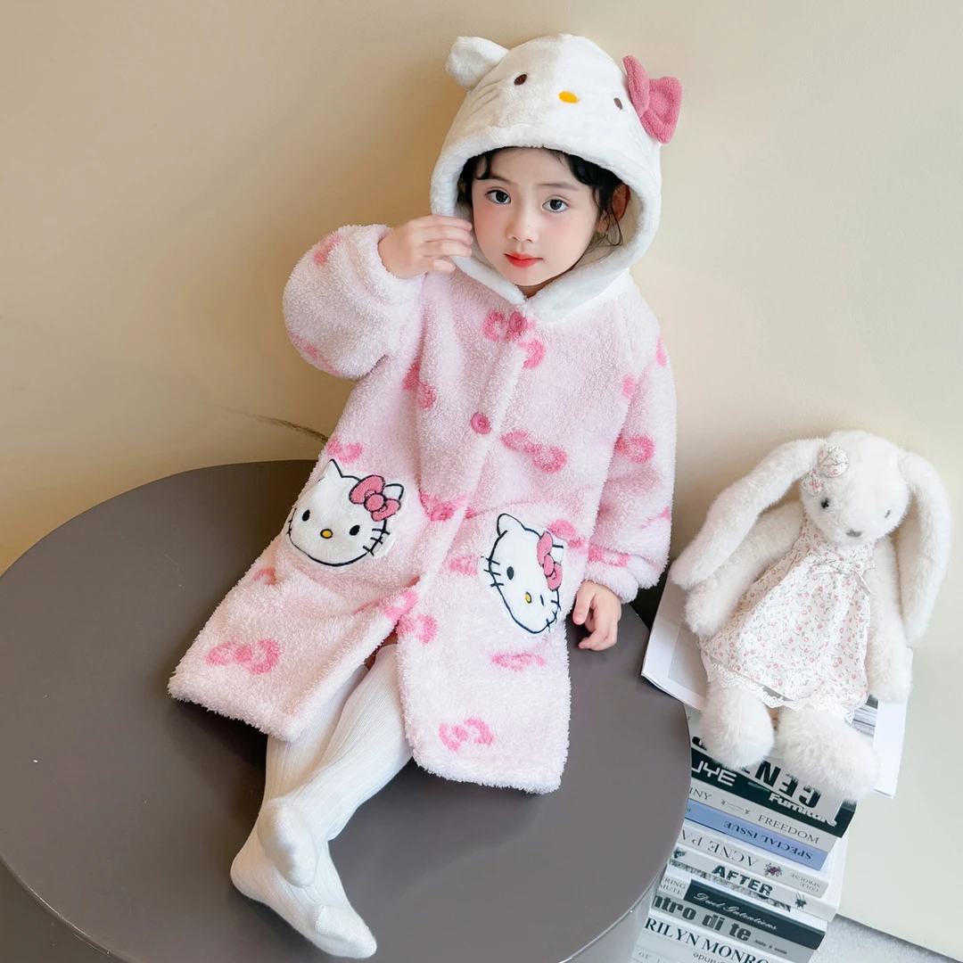 女童睡衣冬季珊瑚绒女孩卡通连帽家居袍保暖睡袍公主宝宝猫咪浴袍
