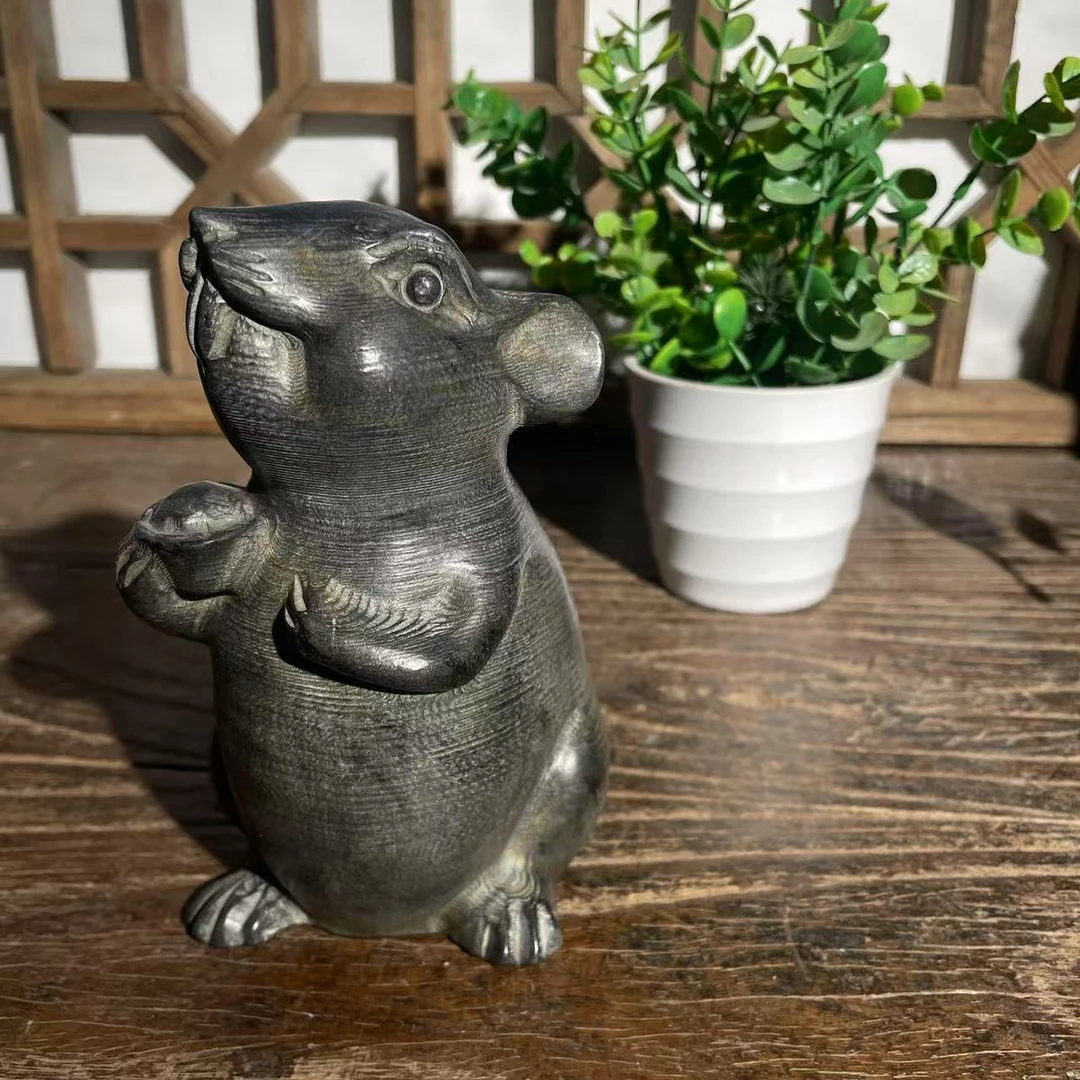 青石石雕老鼠摆件茶室客厅桌面造景复古中式装饰
