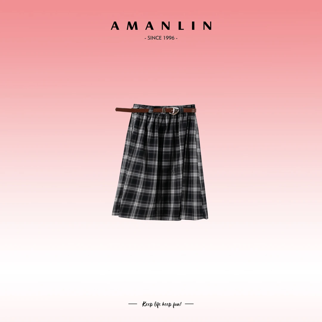 AMANLIN/阿謾琳夏季欧若风百搭显瘦格纹含腰带显瘦半身裙Y595695
