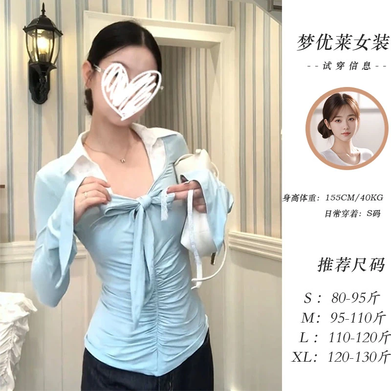 梦优莱韩系酷飒风假两件polo领系带T恤女夏新款防晒罩衫修身显瘦