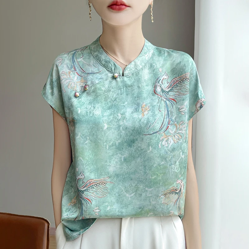 凤鸣朝阳~~新中式提花国风斜襟落肩小衫女复古时尚气质中式短袖