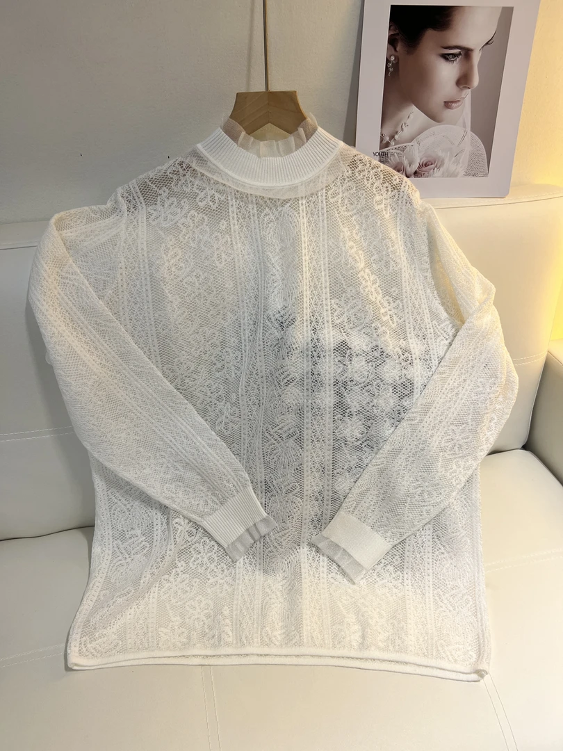蕾丝提花半高领精纺羊毛针织打底衫