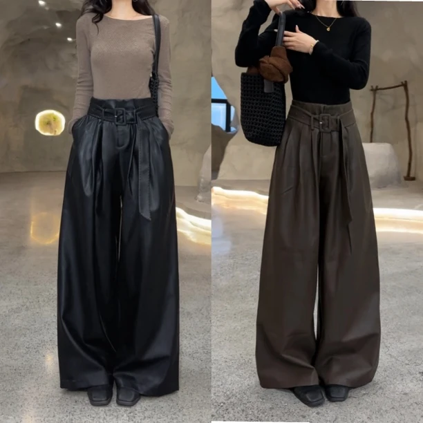 （清清款）66199阔腿PU皮裤2025年秋冬新款宽松A版型显瘦气质百搭
