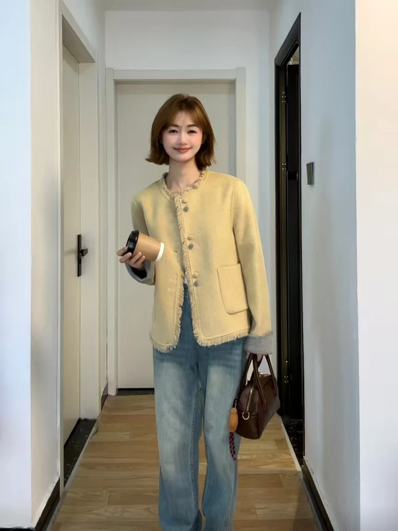 【米米专属】2025年新款双面穿圆领秋冬毛呢外套小香风轻奢女