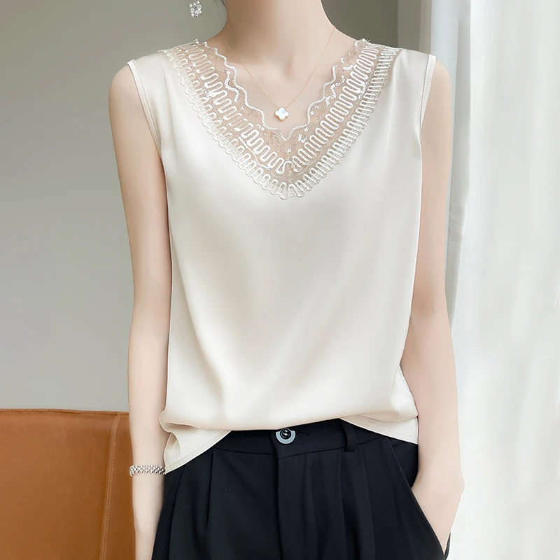 网纱蕾丝~夏季高级感V领背心女缎面无袖花边内搭吊带背心打底A126