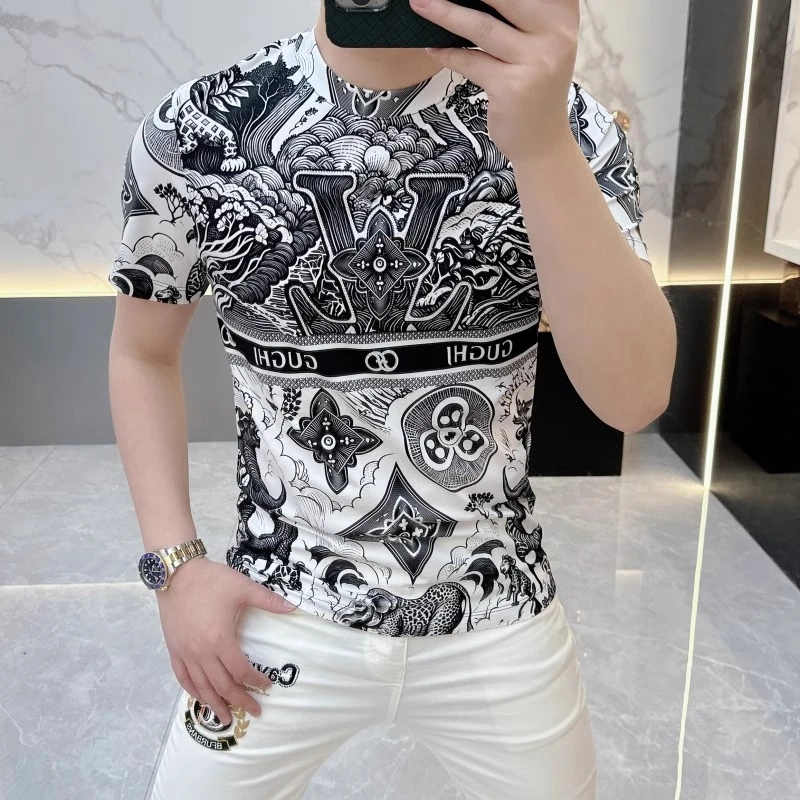 2025夏季新款小众轻奢男士潮牌时尚印花棉圆领短袖修身半袖T