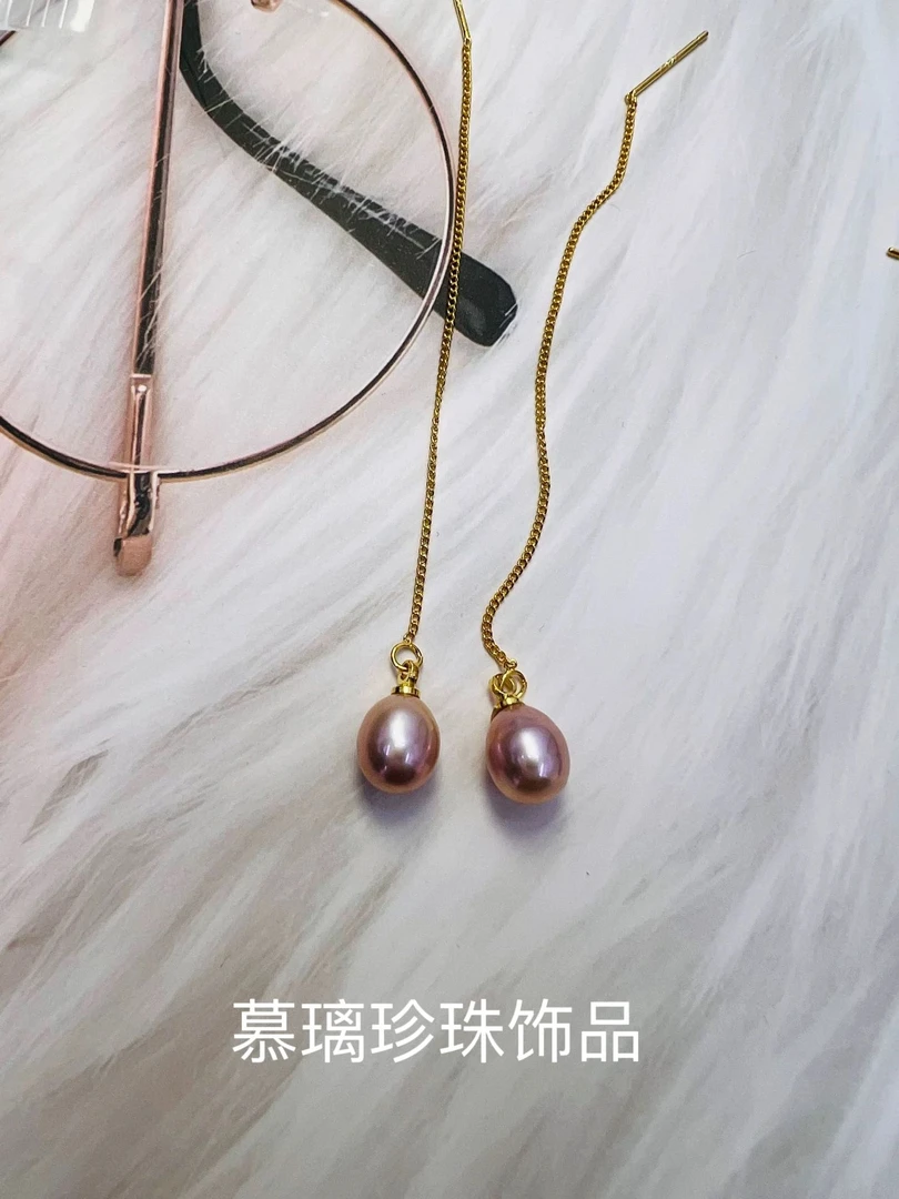 清沧 天然可刮粉 天然紫色8mm 淡水珍珠流苏耳线 129