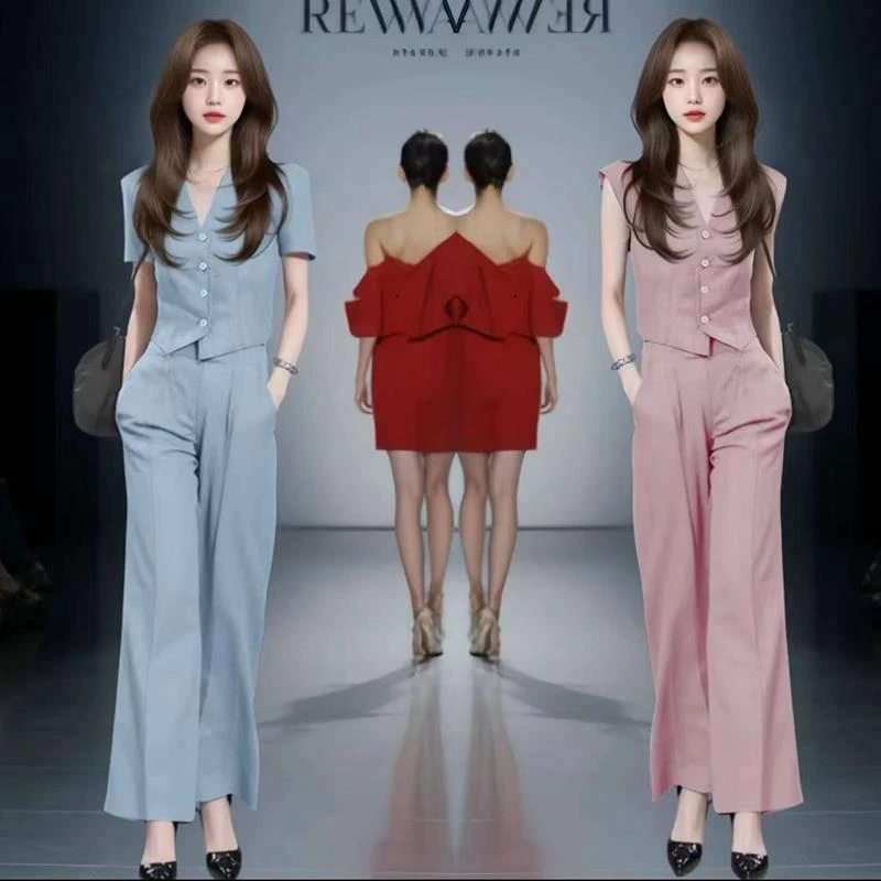 时尚套装女2025夏季新款洋气质减龄V领短袖上衣阔腿裤休闲两件套