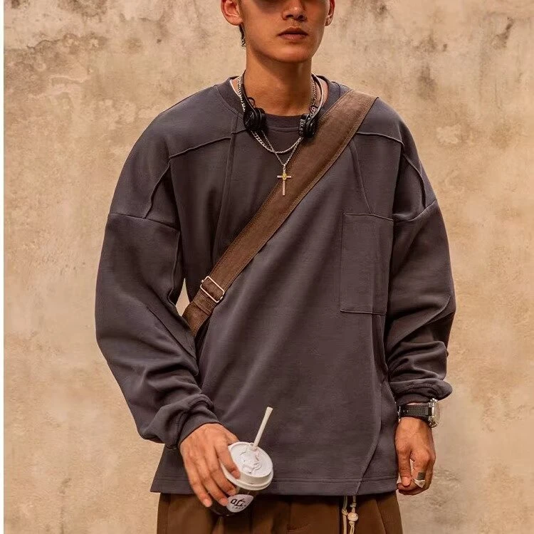 华夫格圆领卫衣男生春秋新款美式宽松大码休闲拼色长袖T恤打底衫