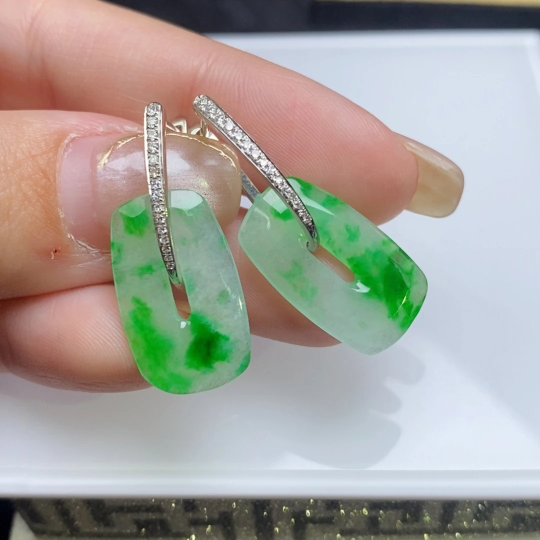 翡翠18K金镶嵌耳饰方糖