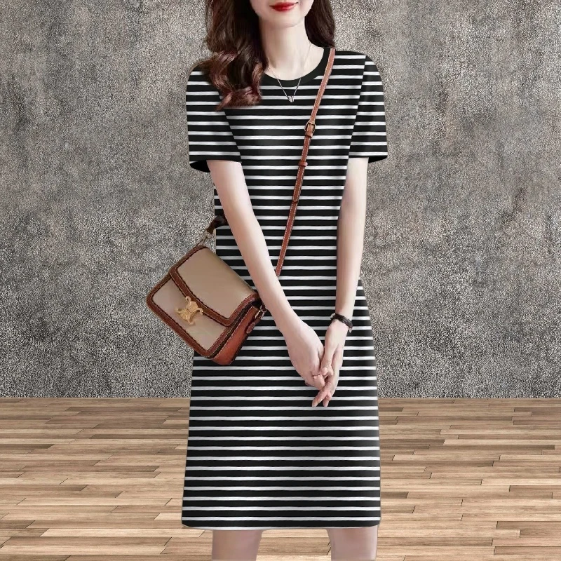 包邮短袖夏季印花条纹妈妈装微弹连衣裙显瘦韩版新复古风连衣裙女