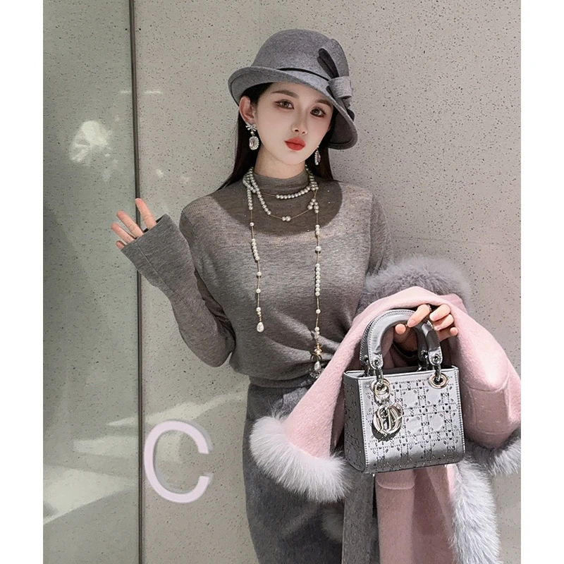 【星空碎钻】灰色羊毛打底衫女烫钻细闪打底衫女