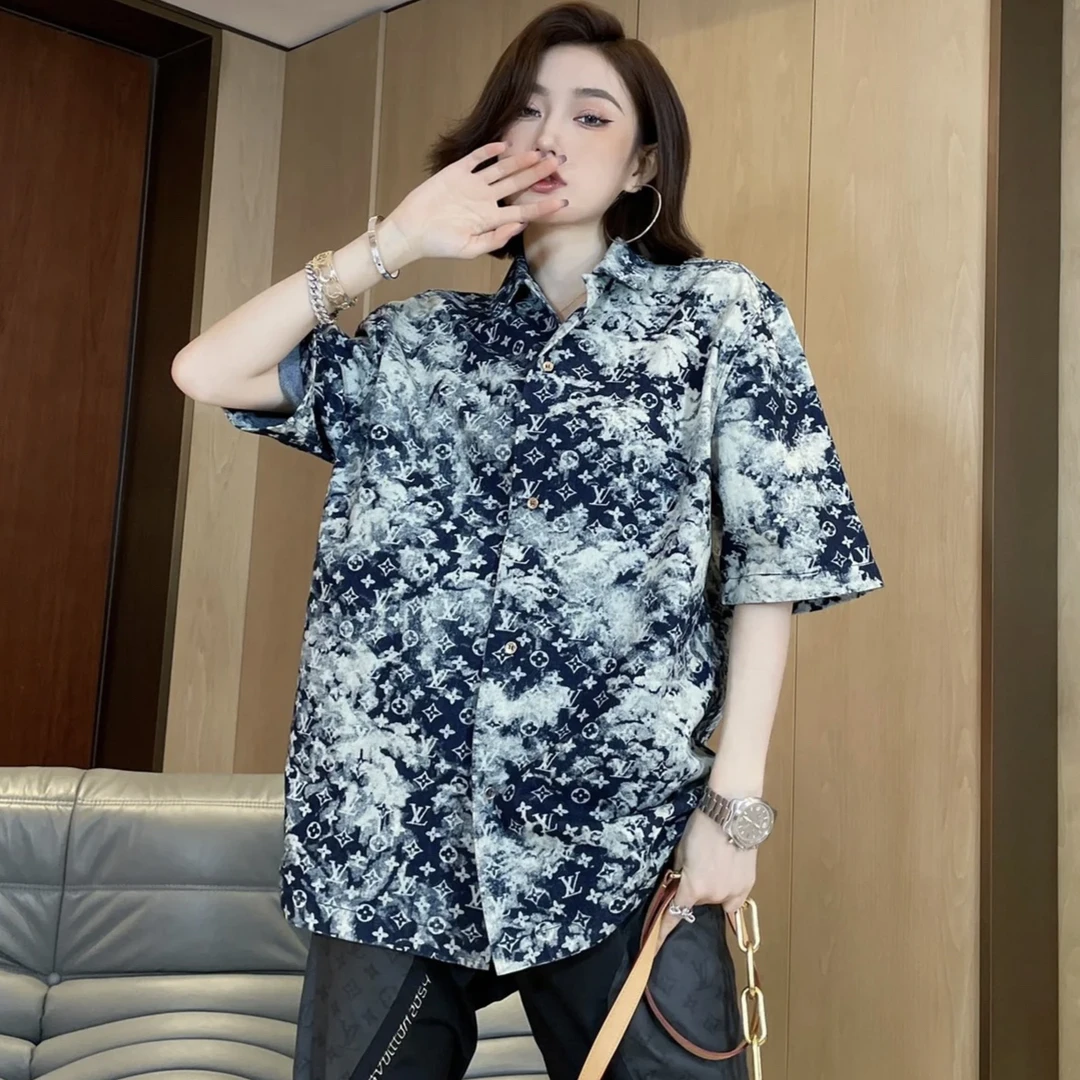 95新 LouisVuitton/路易威登 1440/蓝色Logo满印扎染短袖衬衫/XL