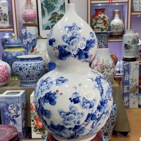 全手工釉下花鸟摆件全手工釉下国画牡丹花葫芦瓶