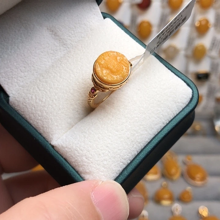 蜜蜡银S925镀金镶嵌戒指