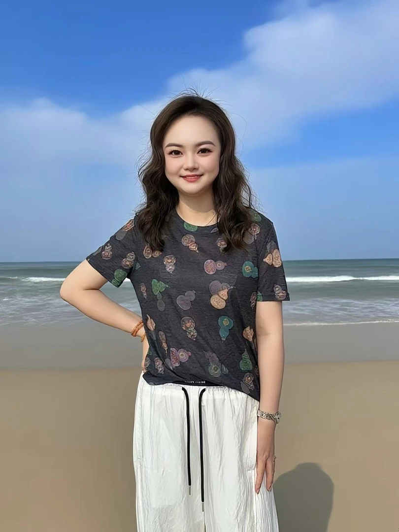 设计感葫芦印花短袖T恤女2025夏季新款休闲亲肤弹力打底衫0788