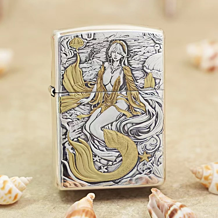 zippo打火机破法者镀银盔甲鎏金美人鱼 251