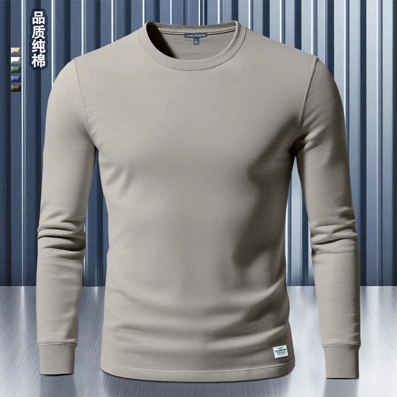100%纯棉圆领T恤男士长袖t恤爆款2025新款休闲秋冬季卡其色男衣服