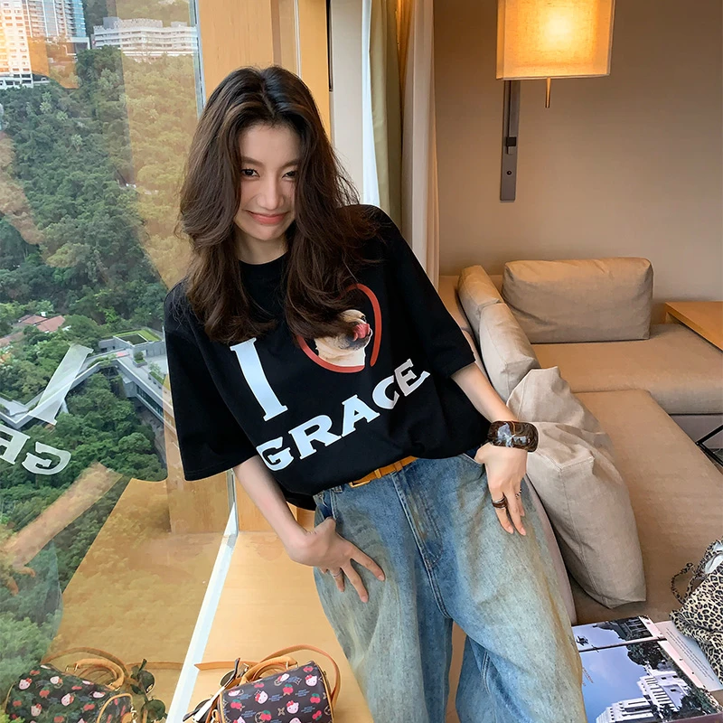 【ALONE SAVOR】康康T 动物字母图案圆领中长款T恤K099