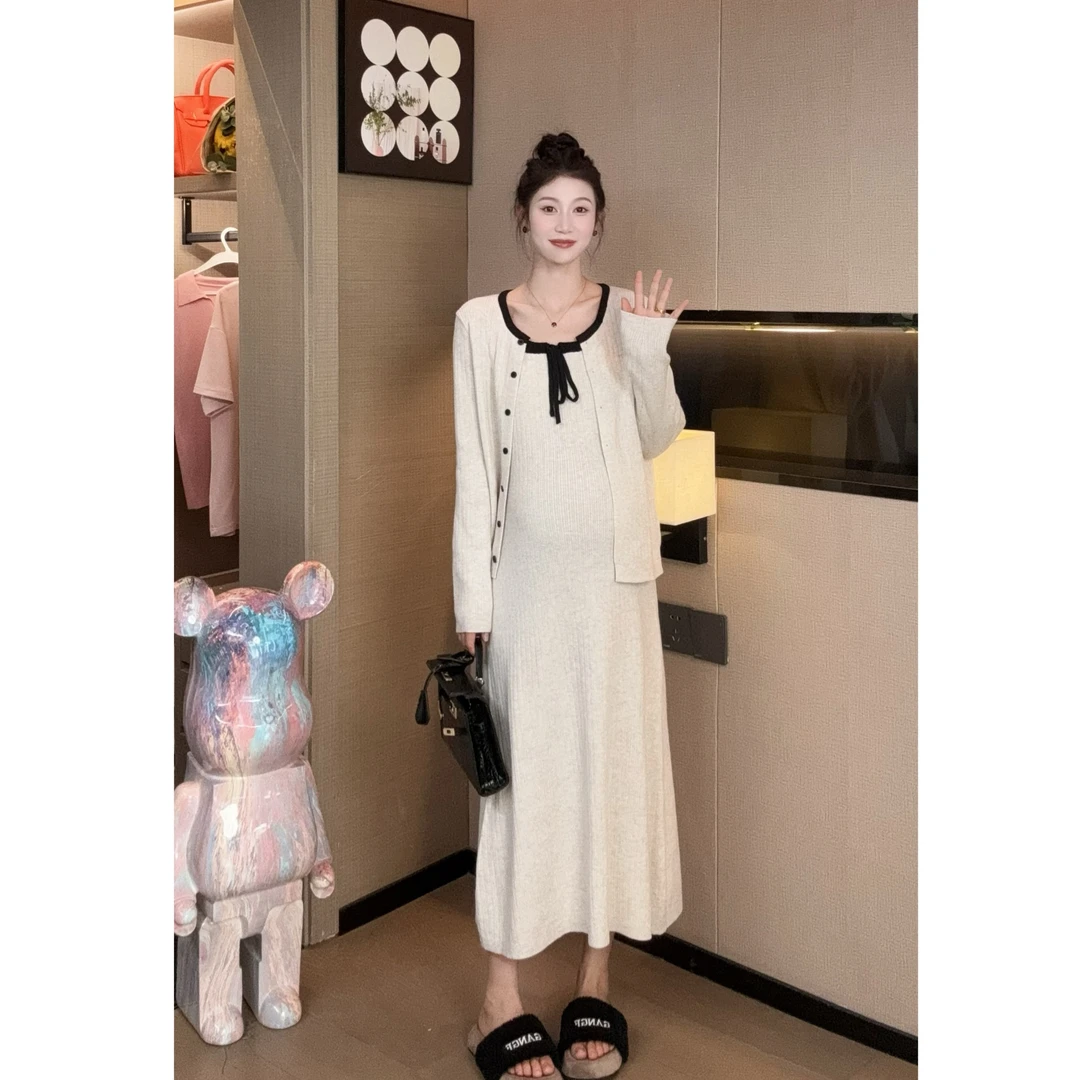 孕妇春秋款针织撞色吊带裙+圆领长袖开衫套装57655