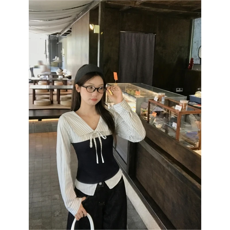 乌77韩系条纹撞色系带翻领衬衫女小众设计感修身显瘦长袖上衣秋季