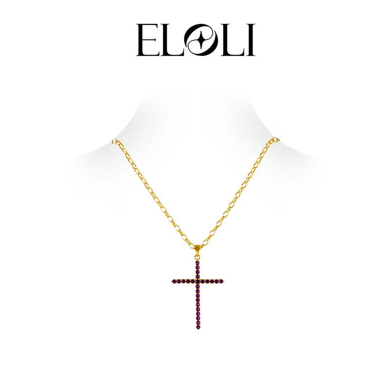 Eloli925银十字架镶嵌紫锆时尚百搭女吊坠项链毛衣链