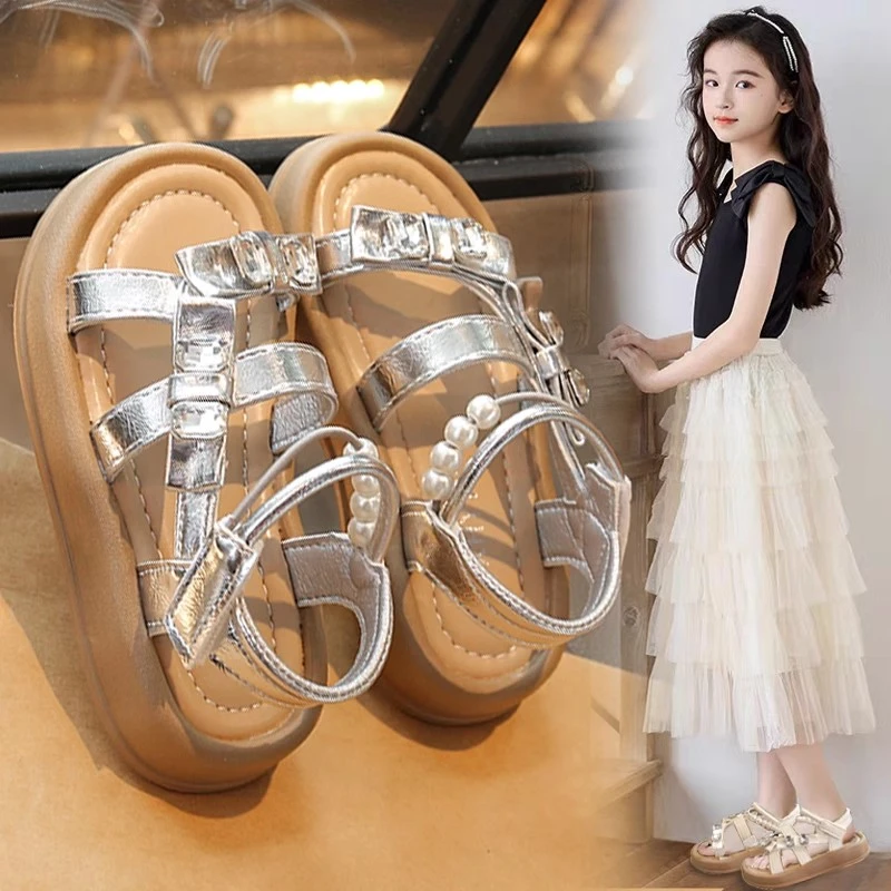 小女孩休闲风罗马鞋女凉鞋2025夏季露趾宝宝沙滩鞋水钻童鞋5412