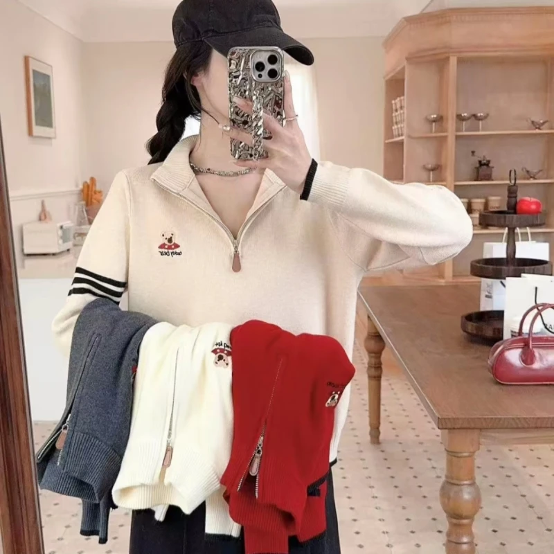 9583半拉链刺绣小熊针织开衫（衣长56左右）