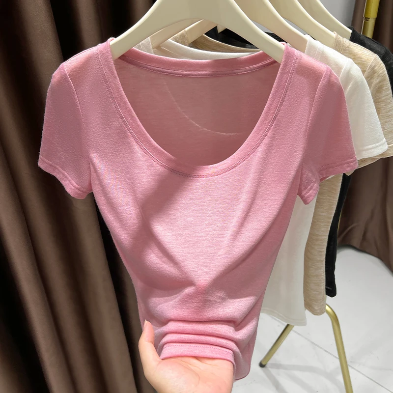 粉色圆领修身薄款正肩内搭T恤春季新款女短袖上衣微透叠穿打底衫
