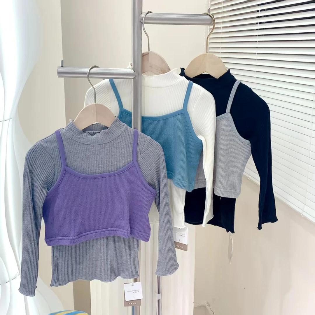 251033 女童春季韩版棉质真两件休闲长袖洋气百搭T恤