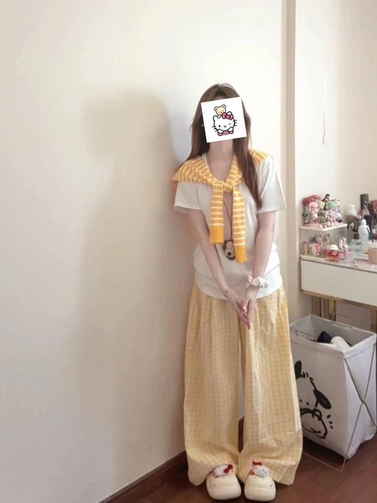 新款夏季宽松休闲运动套装女白色圆领短袖格纹长裤时尚两件套