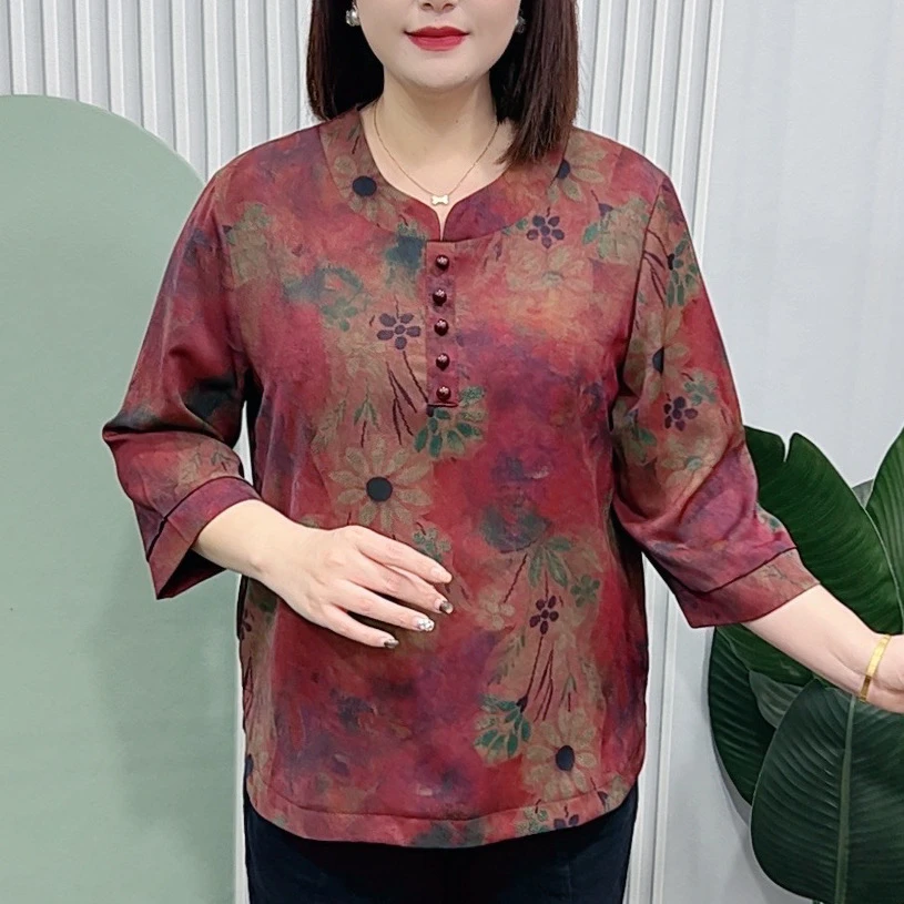 320中老年女装七分袖小衫中老年圆领妈妈装新中式洋气减龄上衣