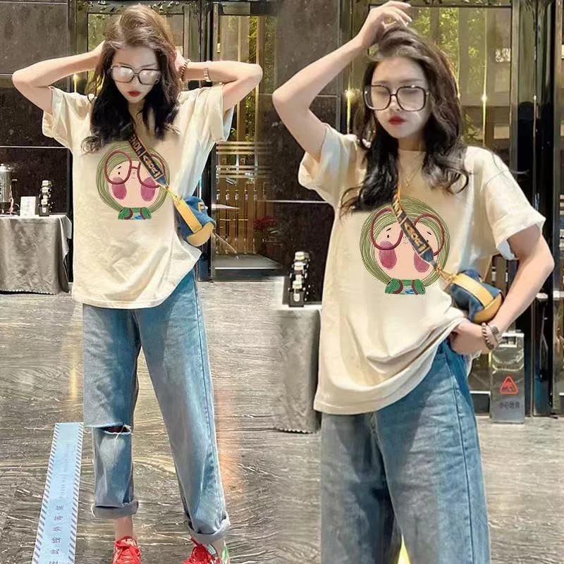 100%纯棉短袖t恤女205新款夏季oversize宽松印花显瘦中长款上衣