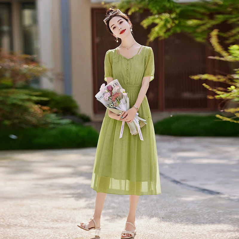 霄尚天丝中国风连衣裙收腰长款夏季时尚气质显瘦减龄百搭粉色裙子