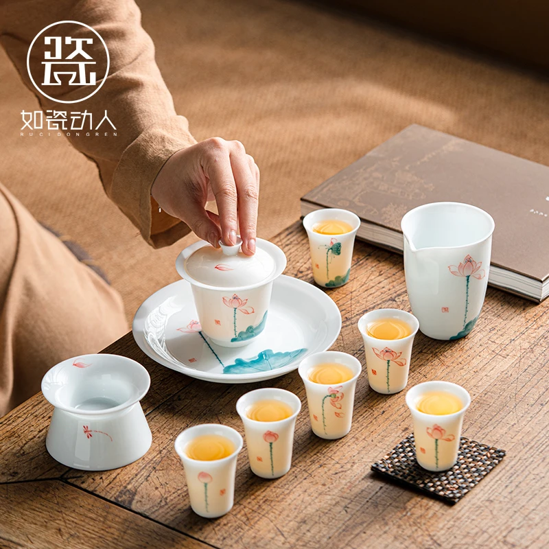 如瓷动人冰种玉瓷功夫茶具套装家用中式高档手绘盖碗茶杯礼盒装