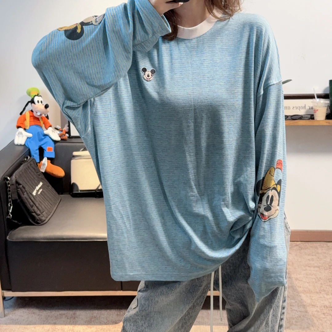 2025秋新款超柔软高定蓝色细条纹卡通米奇打底T恤女宽松显瘦亲肤