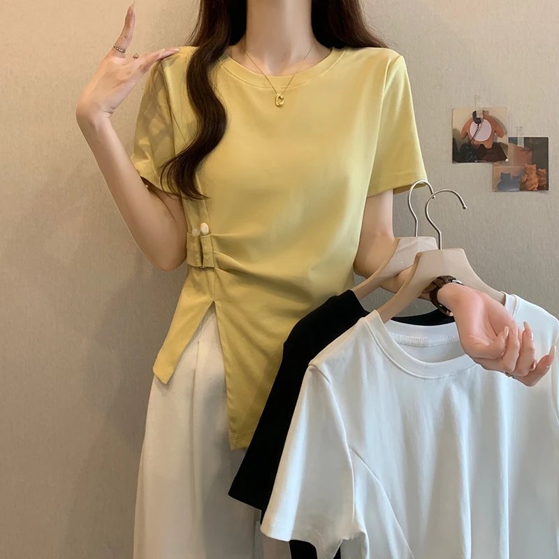 夏季胖MM正肩女士短袖大码不规则简约时尚T恤收腰显瘦遮肚子上衣