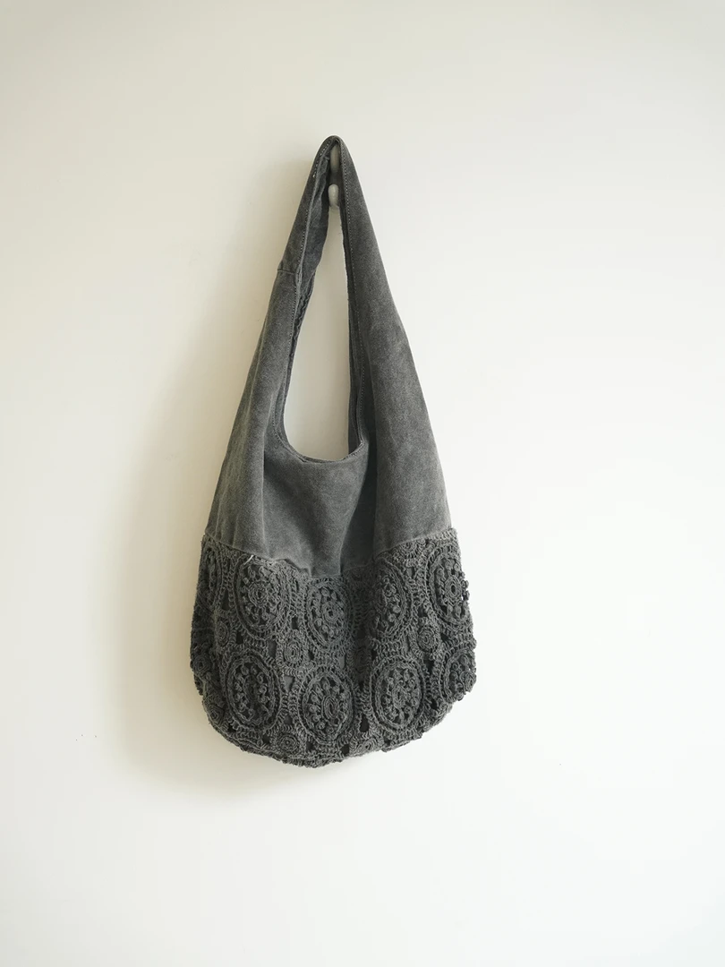 森系田园风 钩花深灰色帆布单肩包