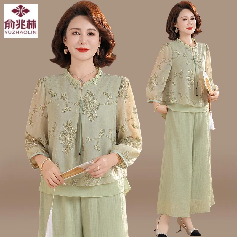 品牌妈妈夏装套装阔太太洋气高贵上衣2025新款中老年夏季雪纺衫女