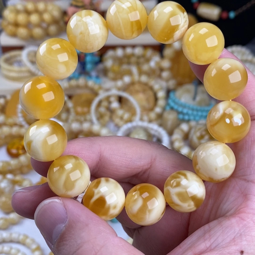 蜜蜡未镶嵌手链瓷白溶洞妖花16mm圆珠