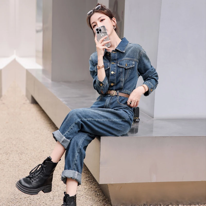 高级感时尚修身长袖工装连衣裤女春秋新款气质减龄收腰牛仔连体裤