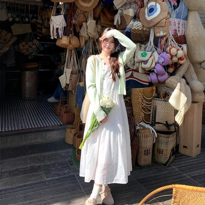 韩系甜美风绿色圆领针织开衫女春秋小清新毛衣外套多巴胺短款上衣