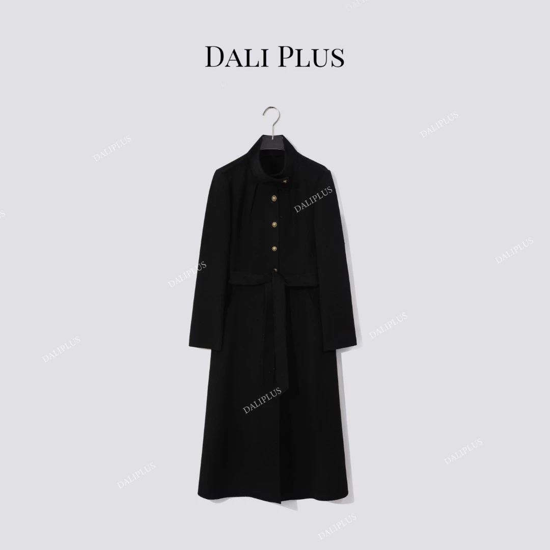 DALI PLUS“羊绒+羊毛”单排金扣立领收腰系带双面呢大衣-D5CH4605
