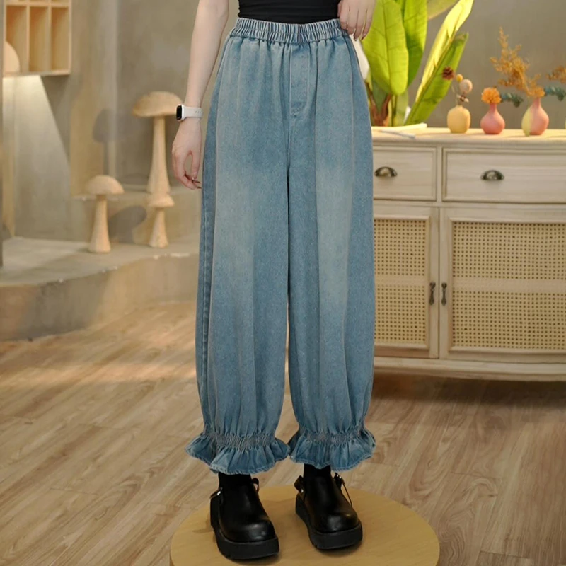 3822 春季新款木耳花边显瘦休闲牛仔裤宽松水洗百搭裤子