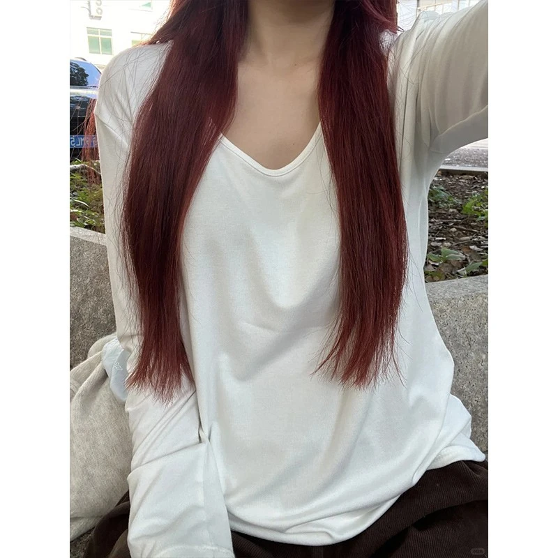 慵懒感秋季宽松V领白色长袖T恤内搭女2026新款基础上衣纯色打底衫