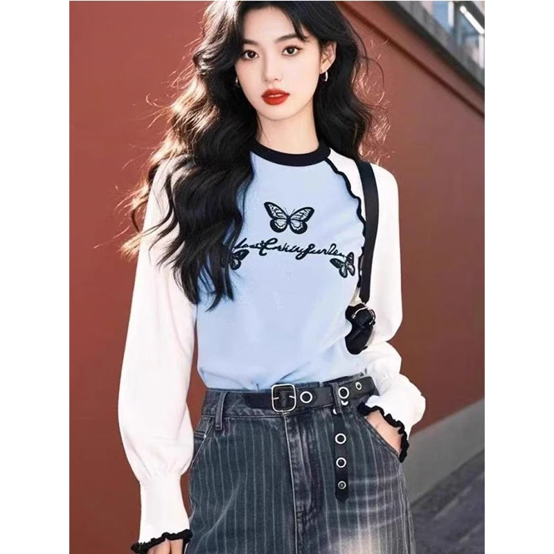 蓝白撞色拼接圆领长袖T恤女2025春秋新款设计感小众宽松印花上衣