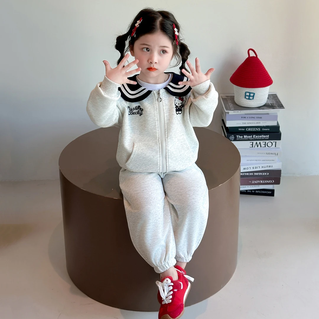 女童秋季2025新款时尚洋气儿童甜美炸街绣花kt猫翻领拉链外套套装