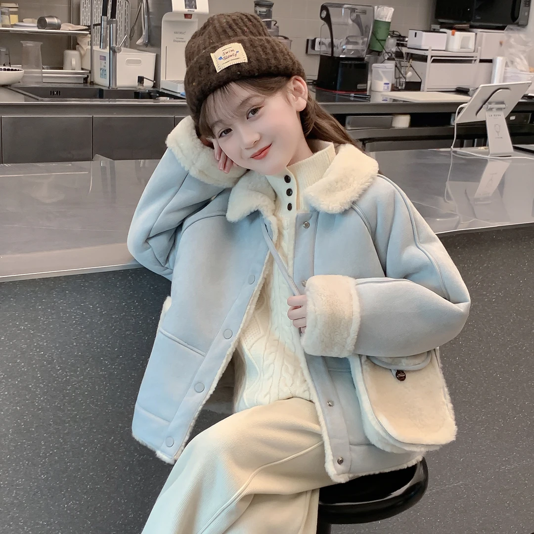 女童外套秋冬装2025新款洋气儿童冬季加绒加厚中大童皮毛一体上衣