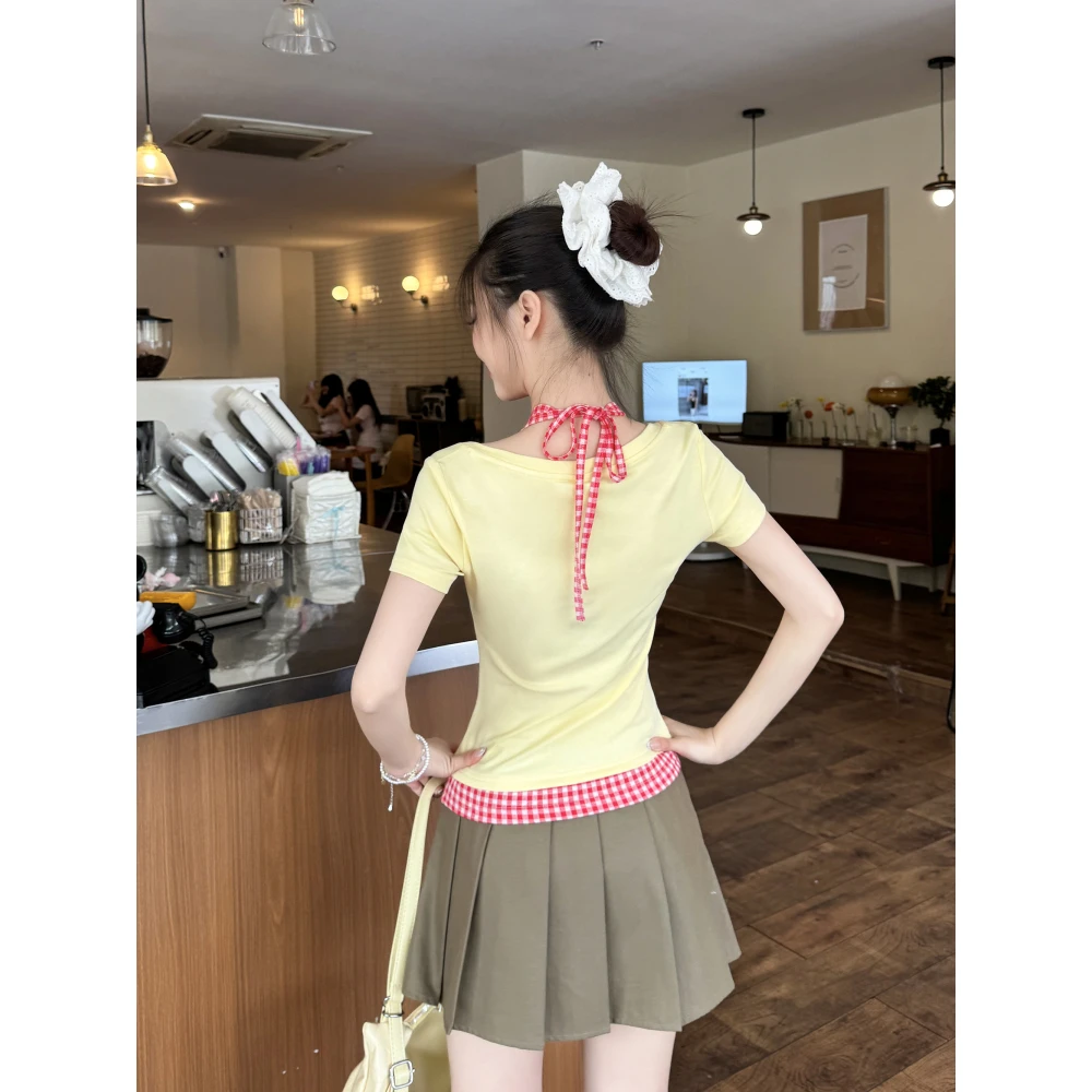 韩系多巴胺假两件短袖t恤女夏季新款刺绣设计甜辣妹挂脖上衣